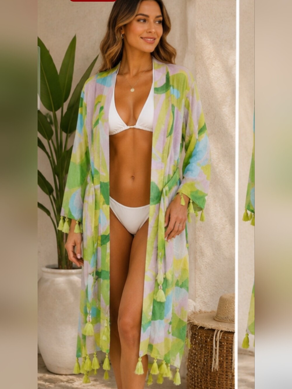 True Destinations Tassel Trim Printed Cotton Cover Up Robe Kimono Green  Size S
